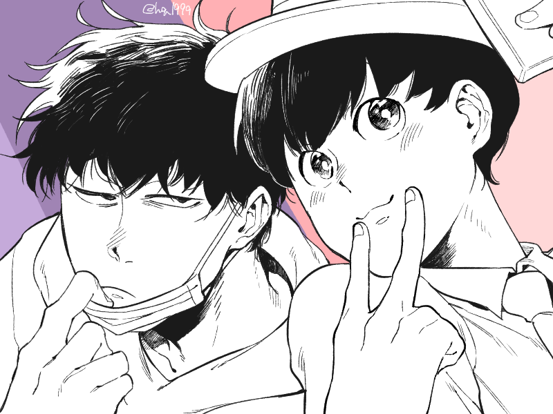 2boys, :3, bags_under_eyes, brothers, fingernails, greyscale_with_colored_background, hat, holding