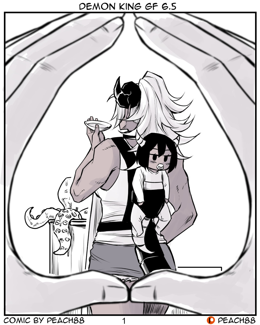 2girls, absurdres, alvida_(peach88), artist_name, cooking_pot, curled_horns, dark-skinned_female, dark_skin