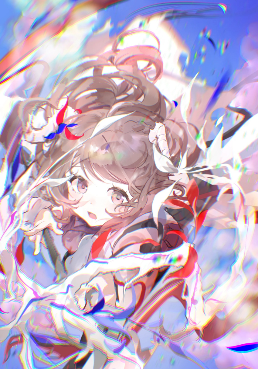 1girl, arknights, blurry, blurry_background, brown_eyes, brown_hair, chromatic_aberration, commentary_request