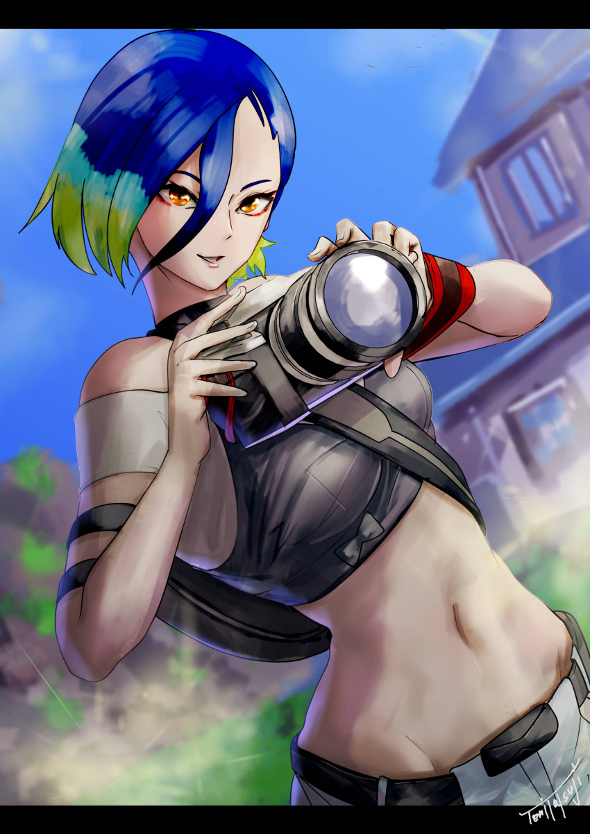 1girl, absurdres, bare_shoulders, black_choker, blue_hair, bob_cut, breasts, brown_eyes, camera, choker, collarbone, crop_top, highres, holding, holding_camera, loose_hair_strand, medium_breasts, midriff, navel, off-shoulder_shirt, off_shoulder, perrin_(pokemon), photographer, pokemon, pokemon_(game), pokemon_sv, shirt, solo, tetsuya_tsuji