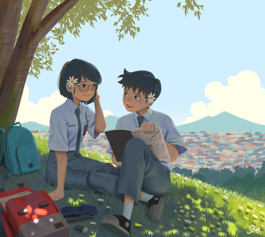 1boy, 1girl, :d, artist_name, backpack, backpack_removed, bag, blue_sky