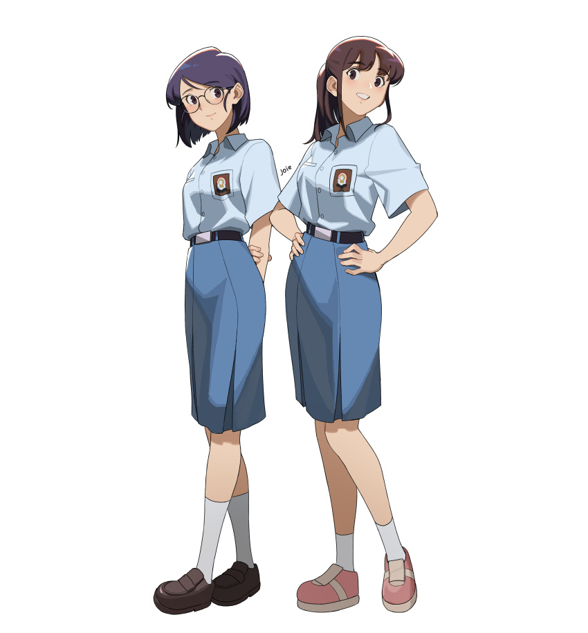 2girls, absurdres, artist_name, belt, brown_footwear, brown_hair, full_body, glasses
