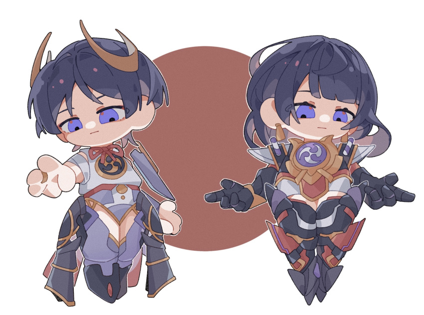 1boy, 1girl, armor, brother_and_sister, chibi, circle, cosplay, costume_switch