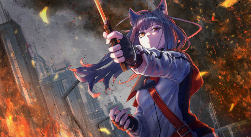 1girl, animal_ear_fluff, animal_ear_piercing, animal_ears, arknights, belt, black_gloves, brown_hair, building, closed_mouth, embers, eyelashes, fenrisu1fr, fingerless_gloves, fingernails, fire, gloves, heterochromia, holding, holding_sword, holding_weapon, jacket, long_hair, name_tag, red_belt, solo, sword, texas_(arknights), upper_body, weapon, white_jacket, yellow_eyes