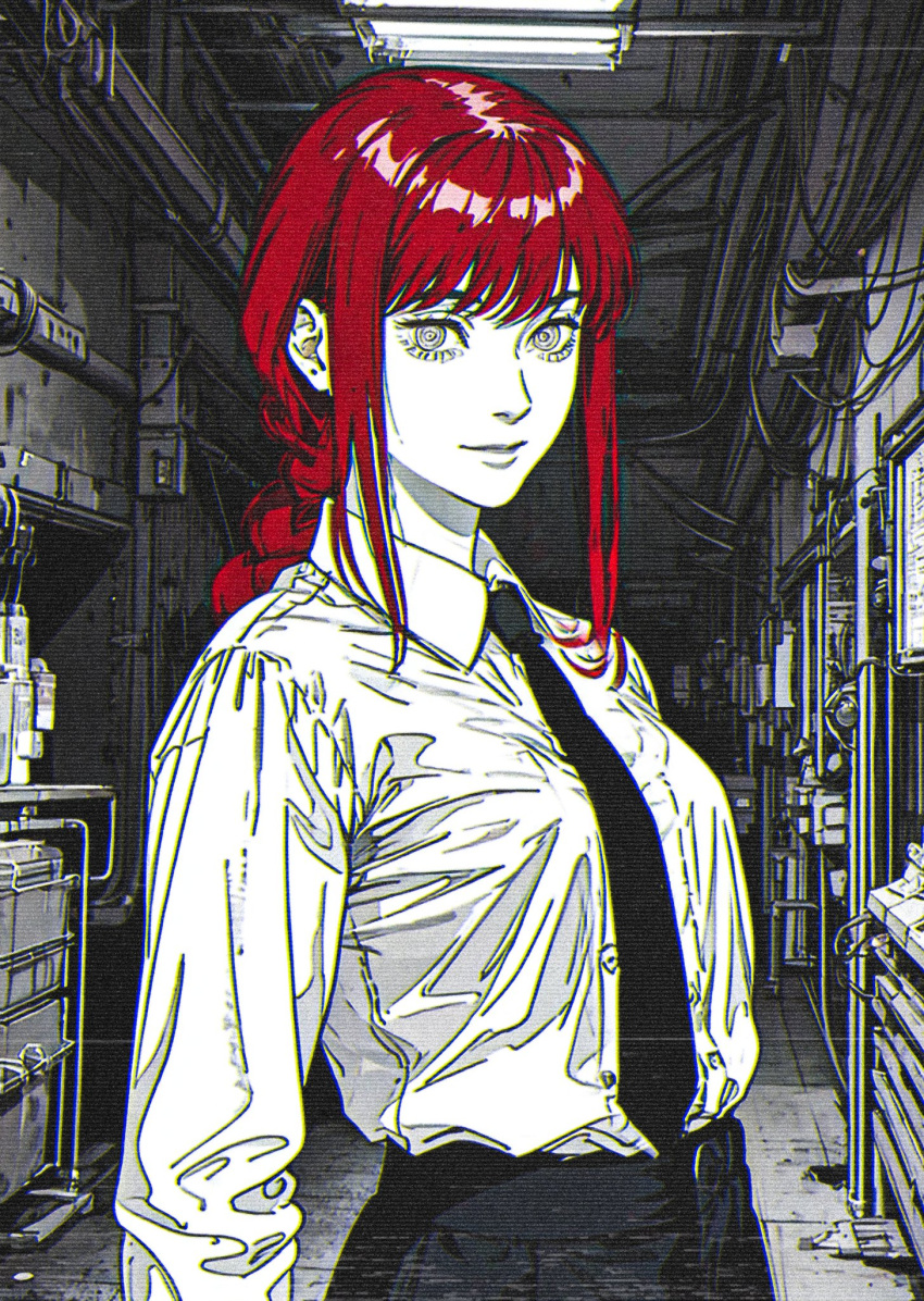 1girl, black_necktie, braid, braided_ponytail, cable, chainsaw_man, collared_shirt, greyscale, highres, industrial, looking_at_viewer, makima_(chainsaw_man), medium_hair, monochrome, necktie, redhead, ringed_eyes, scanlines, shirt, shirt_tucked_in, sidelocks, solo, spot_color, white_shirt, xenotrip