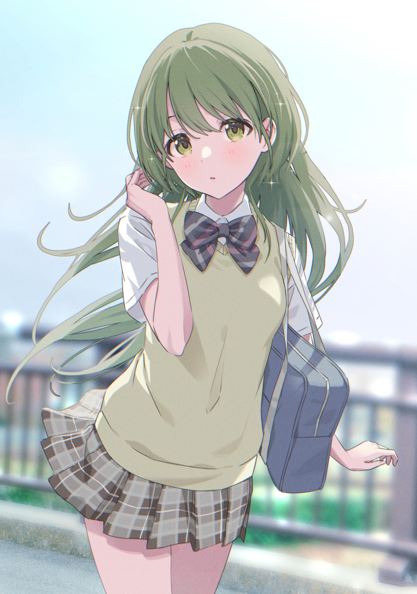 1girl, absurdres, alternate_hair_length, alternate_hairstyle, bag, blurry, blurry_background, blush
