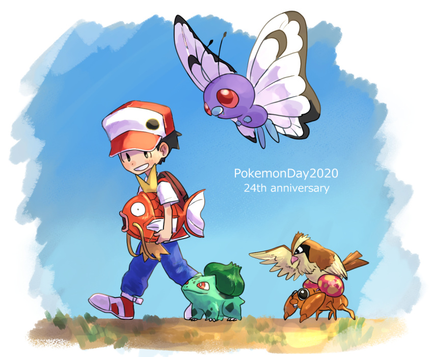 1boy, anniversary, backpack, bag, bird, black_eyes, blue_pants, blush