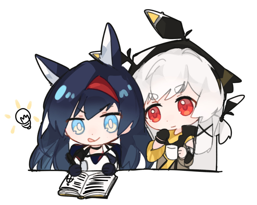 2girls, :q, animal_ears, arknights, black_gloves, blaze_(arknights), blue_eyes, blue_hair