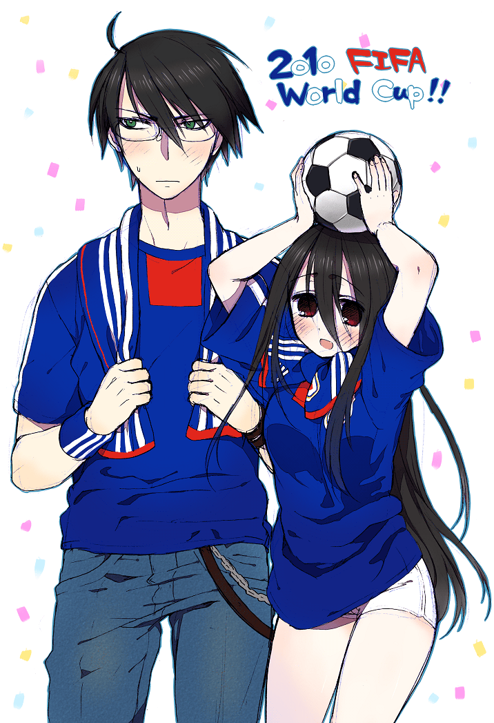 2010_fifa_world_cup, bad_id, ball, black_hair, blush, denim, glasses, height_difference