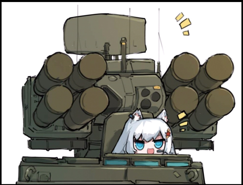 :d, anti-aircraft, anti-aircraft_missile, anti-tank_missile, blue_eyes, cat_girl, frider, headset, military, military_vehicle, open_mouth, radar_dish, smile, v-shaped_eyebrows, war_thunder, white_fur, white_hair, xm1069_adats