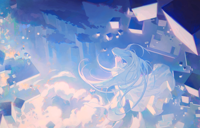 1girl, above_clouds, abstract, absurdres, bare_arms, bare_shoulders, blue_hair, blue_theme