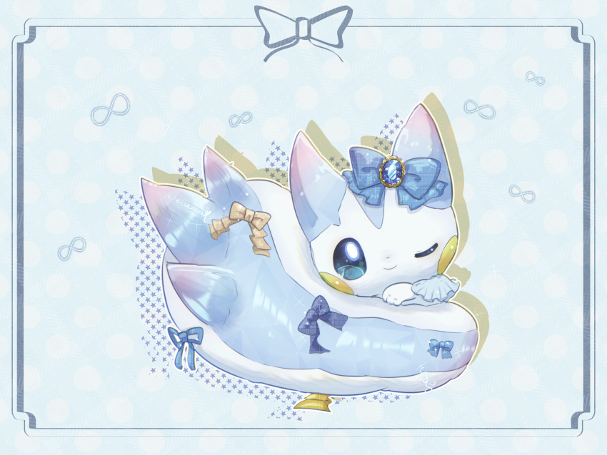 absurdres, blue_bow, blue_gemstone, bow, bright_pupils, closed_mouth, commentary_request, curled_up