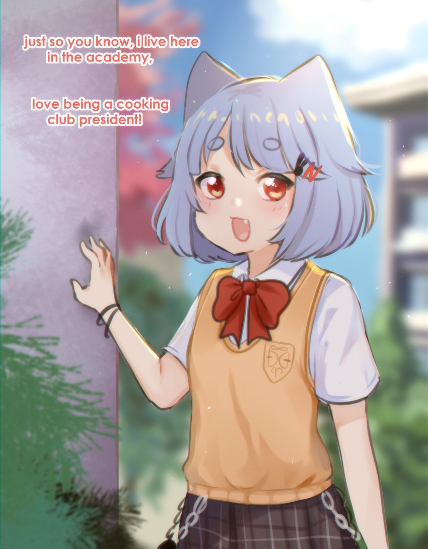 1girl, absurdres, animal_ears, blue_hair, blurry, bow, bowtie, building