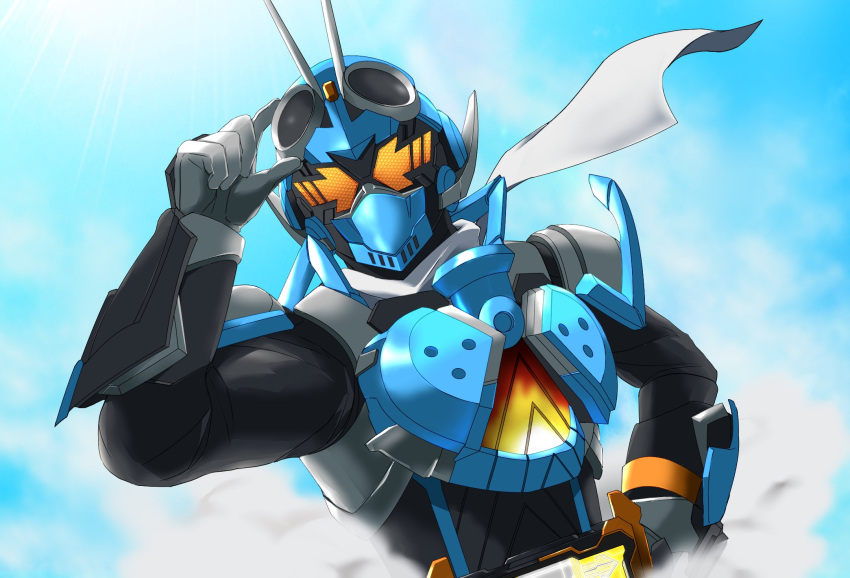 1boy, adjusting_eyewear, arm_up, blue_armor, body_armor, commentary, compound_eyes, driver_(kamen_rider)