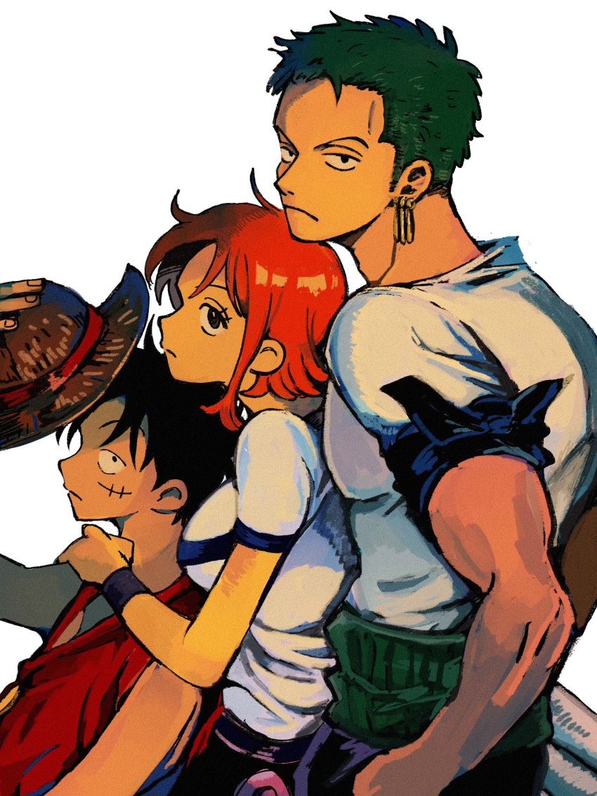 1girl, 2boys, bandana_around_arm, bare_shoulders, black_hair, breasts, closed_mouth, commentary