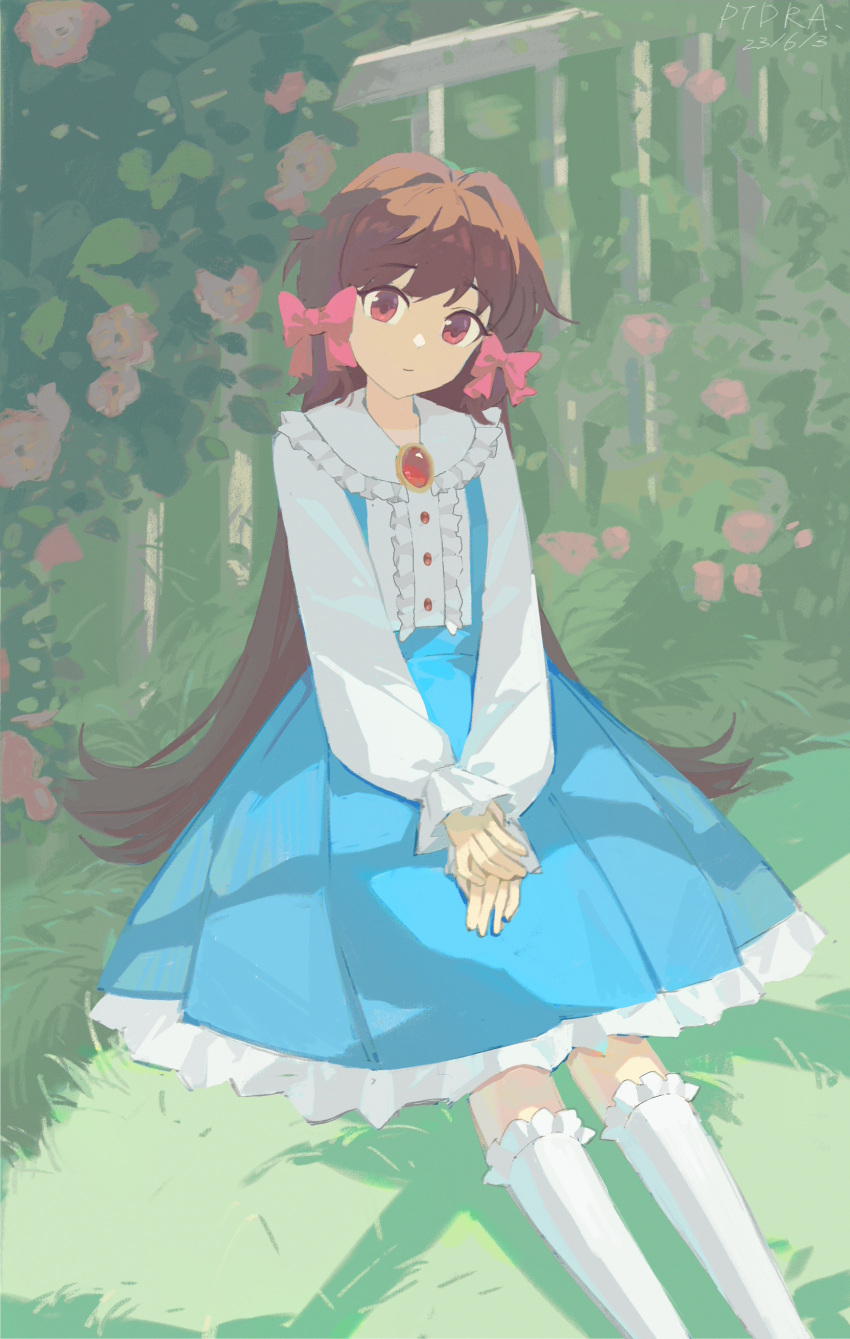 1girl, absurdres, brown_hair, dress, fence, flower, grass, highres