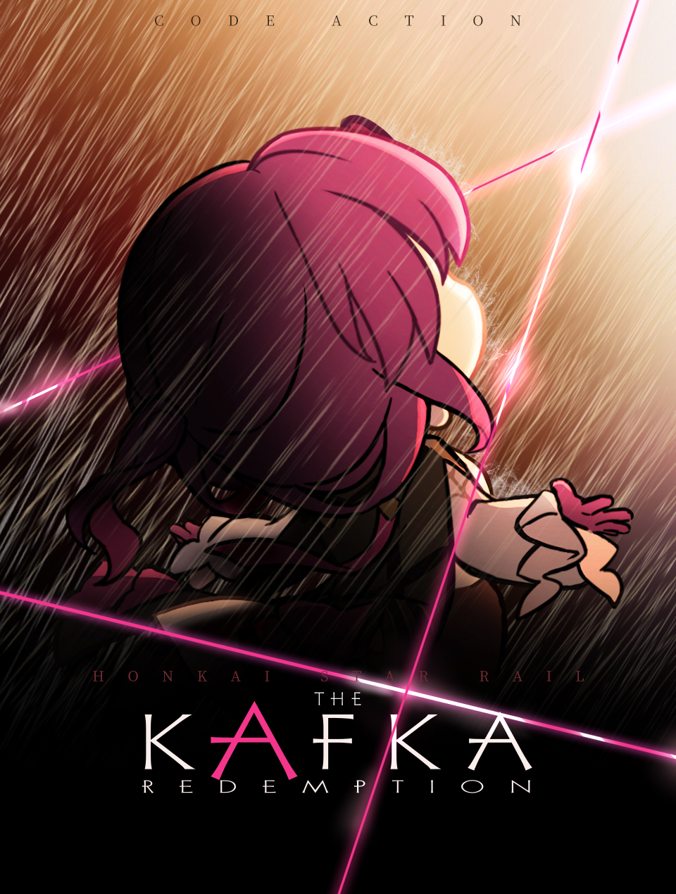 1girl, chibi, china_dress, chinese_clothes, chinese_commentary, coat, coat_on_shoulders, dress, english_text, eyewear_on_head, gloves, highres, honkai:_star_rail, honkai_(series), kafka_(honkai:_star_rail), looking_up, official_art, open_hands, outdoors, parody, poster_(medium), purple_gloves, purple_hair, rain, solo, the_shawshank_redemption, upper_body, white_sleeves