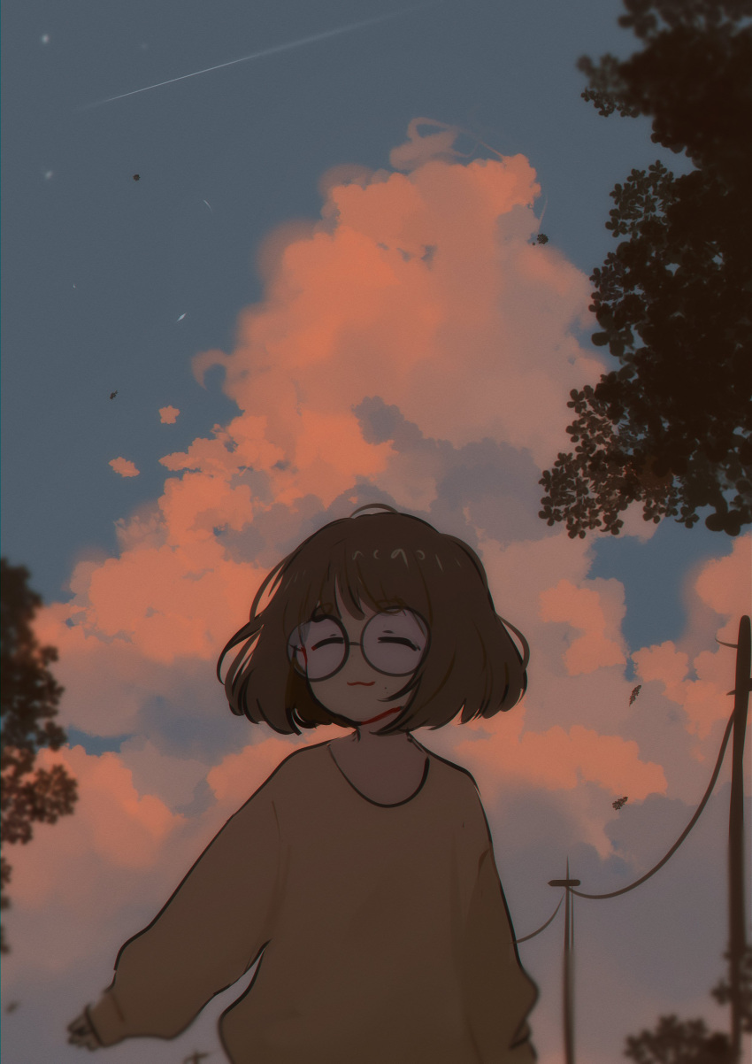 1girl, absurdres, blurry, brown_hair, closed_eyes, clouds, commentary, creator_(neneneqo)
