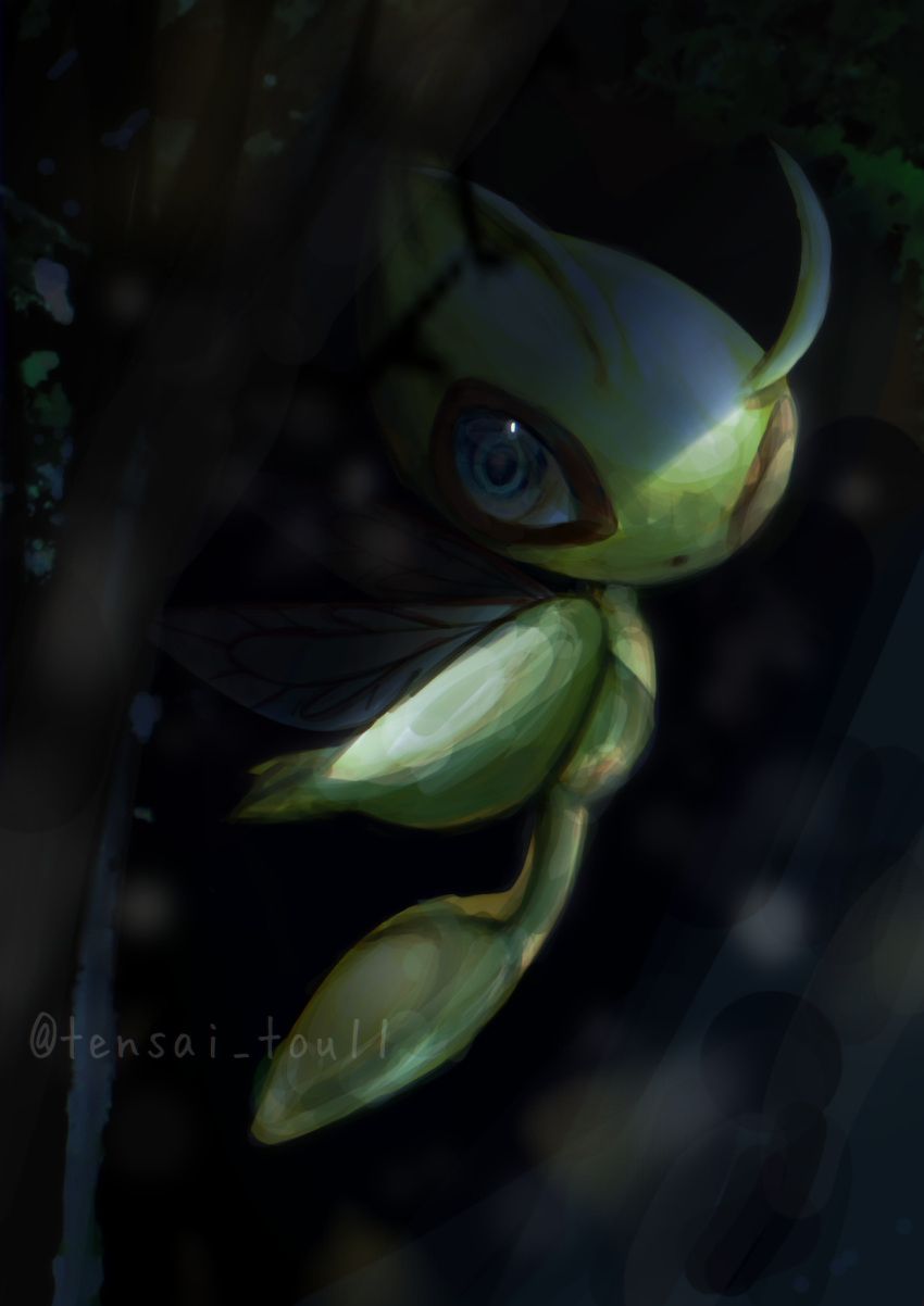 artist_name, black_background, blue_eyes, celebi, colored_skin, commentary_request, dark, floating