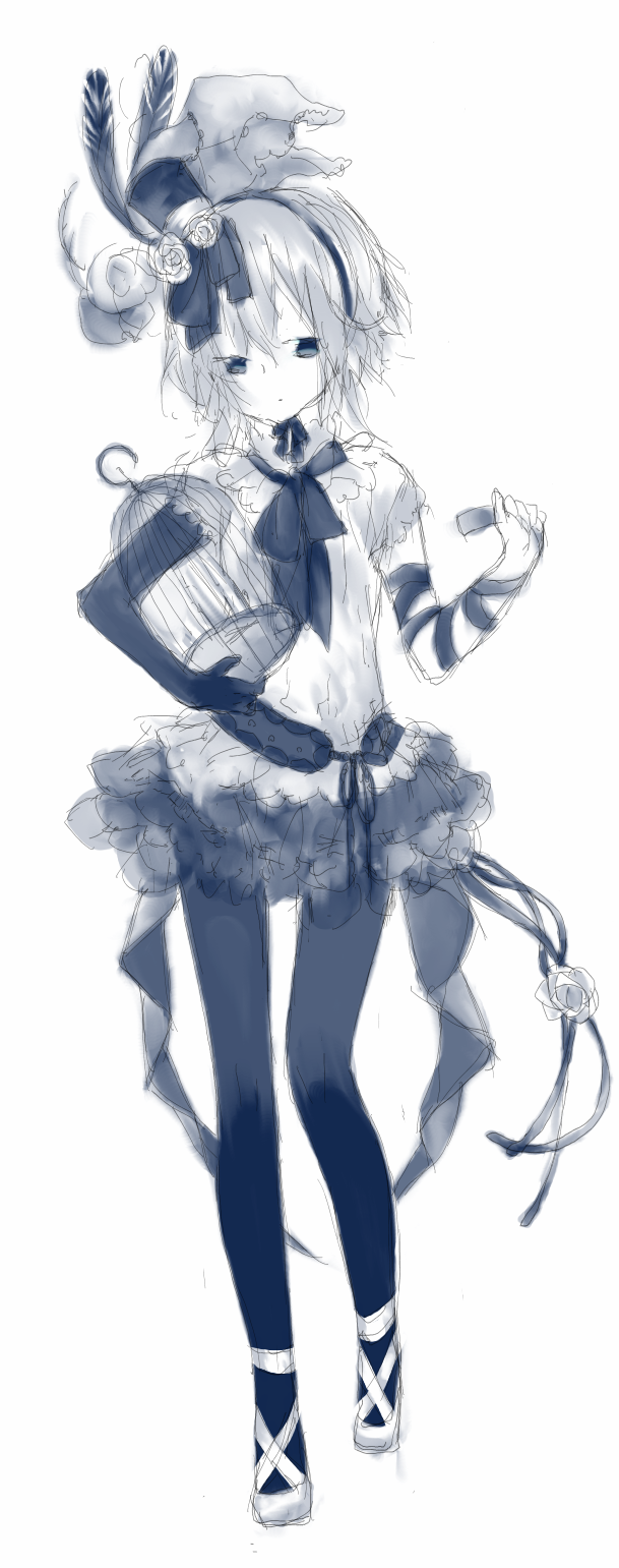 cage, dress, echo, grey_eyes, hat, highres, kugifumi_rinne, mini_top_hat