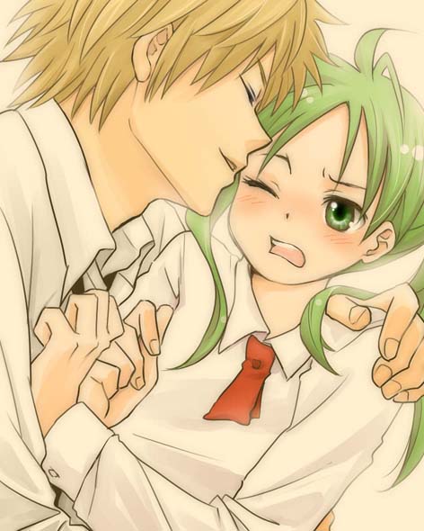 adult, blonde_hair, blush, cravat, dress_shirt, green_hair, koiwai_yotsuba, necktie