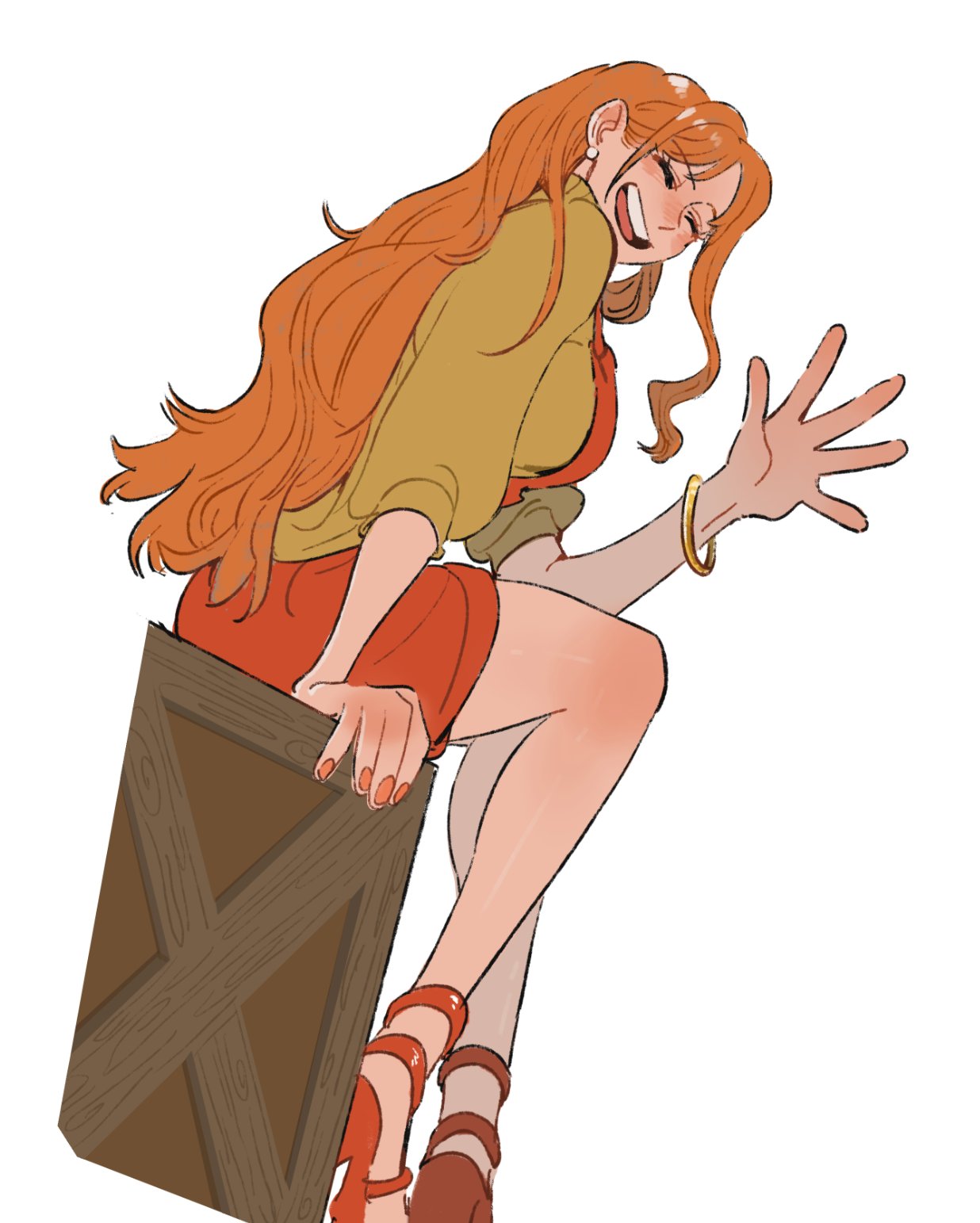 bangle, bracelet, breasts, closed_eyes, commentary, cross-laced_sandals, earrings, english_commentary