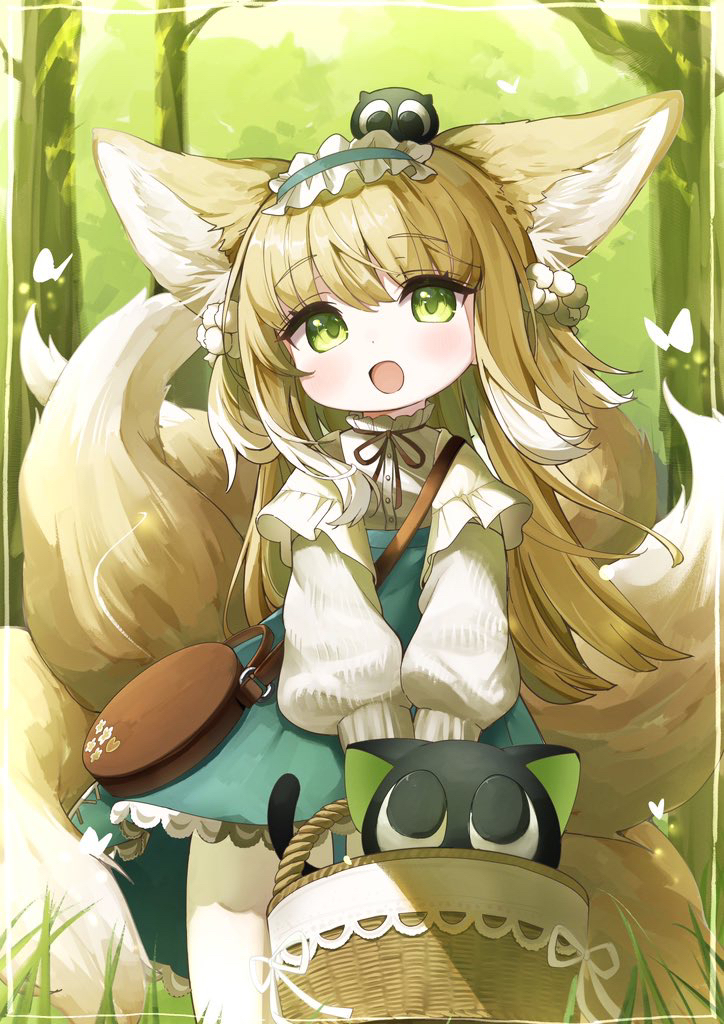 1girl, animal_ear_fluff, animal_ears, aqua_hairband, aqua_skirt, arknights, bag, basket, black_cat, blonde_hair, brown_bag, brown_ribbon, cardigan, cat, commentary, creature_on_head, crossover, fox_ears, fox_girl, fox_tail, frilled_hairband, frills, green_eyes, hair_ornament, hair_scrunchie, hairband, handbag, heixiu, high-waist_skirt, holding, holding_basket, kitsune, kyuubi, long_sleeves, looking_up, luo_xiaohei, luo_xiaohei_zhanji, multicolored_hair, multiple_tails, neck_ribbon, official_alternate_costume, on_head, open_cardigan, open_clothes, open_mouth, puffy_long_sleeves, puffy_sleeves, ribbon, round_bag, rucha_(dokkanhanabi), scrunchie, shirt, shoulder_bag, skirt, suzuran_(arknights), suzuran_(spring_praise)_(arknights), tail, two-tone_hair, white_cardigan, white_hair, white_shirt