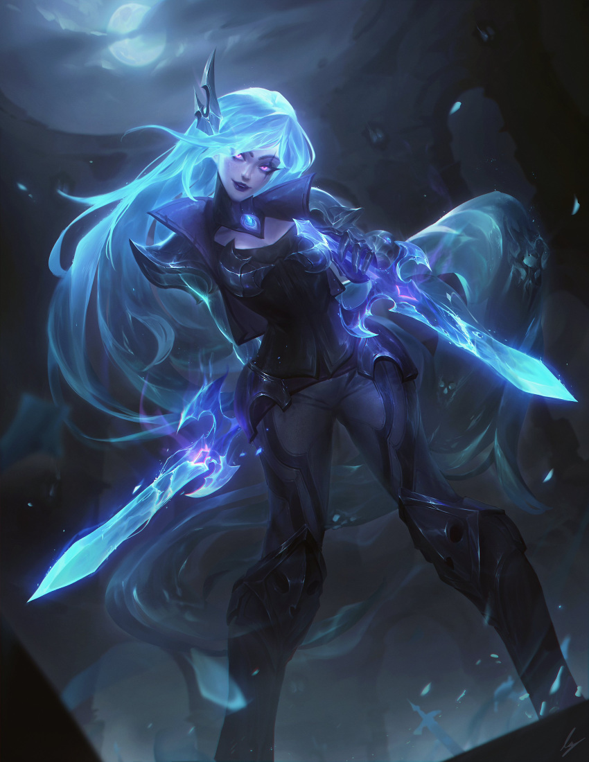 1girl, absurdres, black_footwear, black_gloves, black_jacket, black_pants, black_shirt, blue_hair, boots, clouds, cloudy_sky, colored_skin, dagger, death_sworn_katarina, dual_wielding, english_commentary, eyeliner, feet_out_of_frame, full_moon, gloves, glowing, glowing_eyes, glowing_hair, glowing_sword, glowing_weapon, hair_ornament, highres, holding, holding_dagger, holding_knife, holding_weapon, jacket, katarina_(league_of_legends), knife, league_of_legends, lipstick, long_hair, looking_at_viewer, luna_(fiendvenator), makeup, moon, moonlight, night, night_sky, outdoors, pants, purple_lips, shirt, sidelocks, sky, smile, solo, standing, swept_bangs, thigh_boots, very_long_hair, weapon