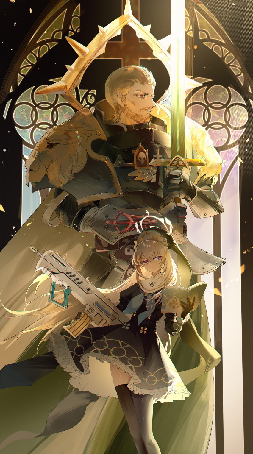 1boy, 1girl, absurdres, angejiri, armor, assault_rifle, beard, black_dress, black_thighhighs, black_veil, blonde_hair, blue_archive, blue_neckerchief, book, bullpup, closed_mouth, coat, commentary_request, crossed_bangs, crossover, dress, facial_hair, fake_halo, frilled_dress, frilled_skirt, frills, green_eyes, grey_armor, grey_hair, gun, habit, halo, hat_ornament, highres, holding, holding_book, holding_gun, holding_sword, holding_weapon, iwi_tavor, juliana_(pokemon), lion_el'jonson, lion_head_(ornament), long_hair, long_sleeves, mustache, neckerchief, nun, pauldrons, power_armor, primarch, rifle, sakurako_(blue_archive), short_hair, shoulder_armor, skirt, skull_print, stained_glass, sword, thigh-highs, veil, violet_eyes, warhammer_40k, weapon, window