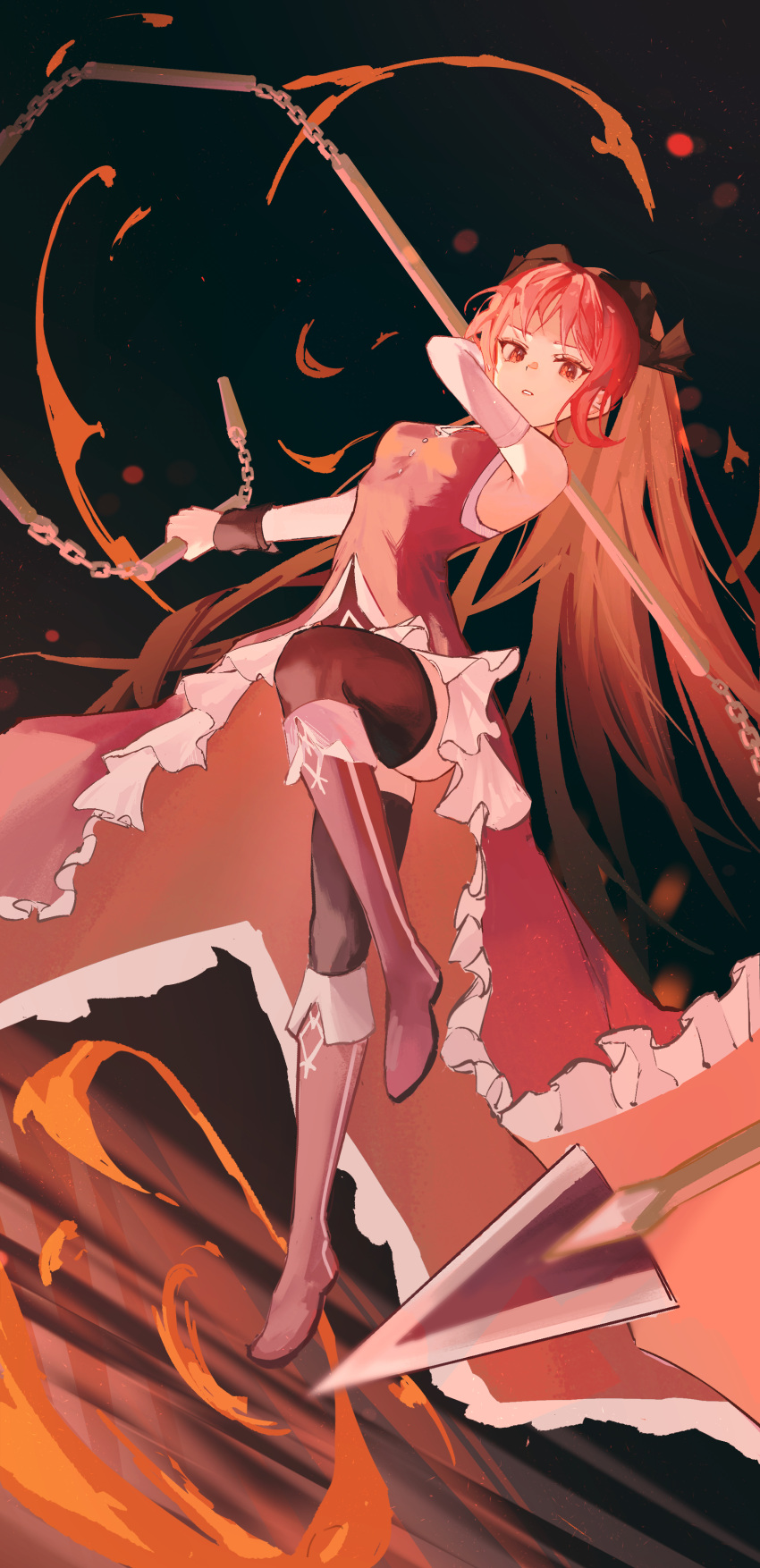 1girl, absurdres, black_background, boots, bow, detached_sleeves, dress, fire