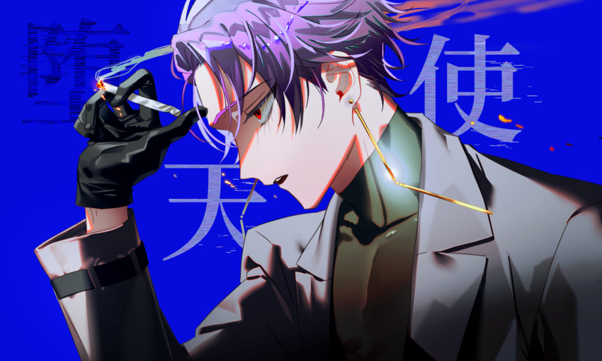 1boy, black_gloves, black_jacket, blue_background, cigarette, earrings, facing_to_the_side, fern_(bhbtr)