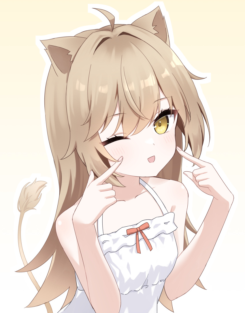 1girl, :d, absurdres, ahoge, animal_ears, bare_arms, bare_shoulders, blush