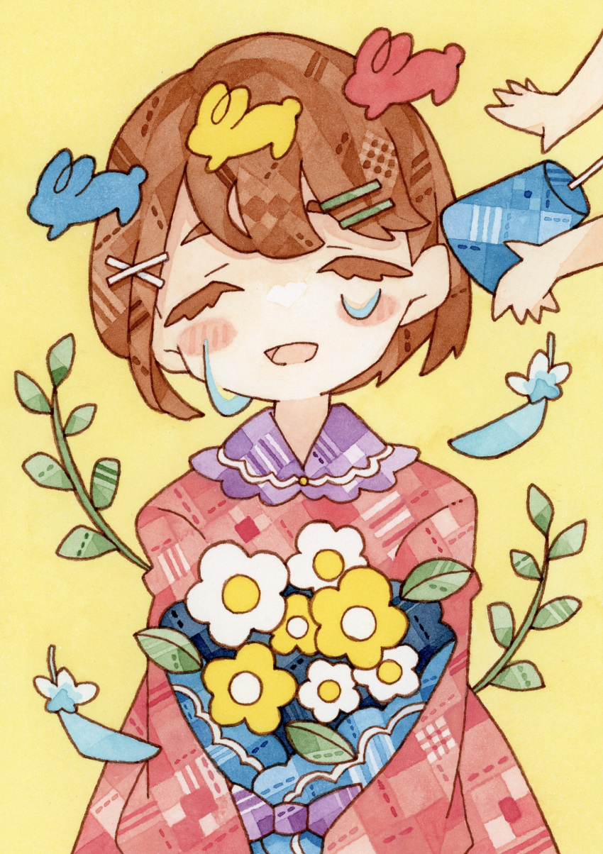 1girl, 1other, absurdres, blush, bouquet, branch, brown_hair, closed_eyes