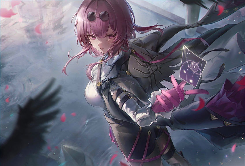 1girl, arm_belt, arm_up, belt, black_belt, black_jacket, black_pantyhose, black_skirt