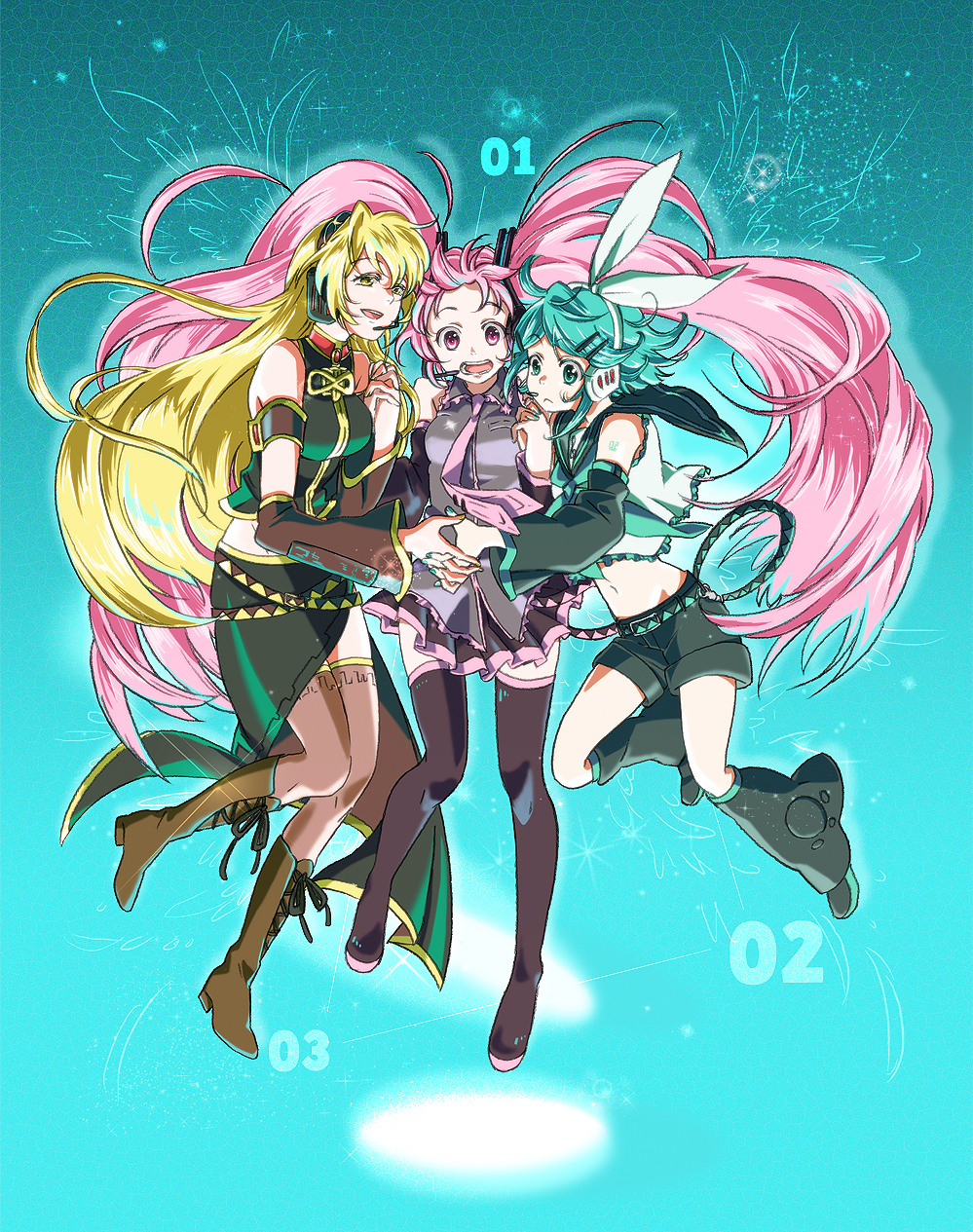 alternate_color, alternate_hair_color, aqua_eyes, aqua_hair, blonde_hair, boots, detached_sleeves, hair_ornament
