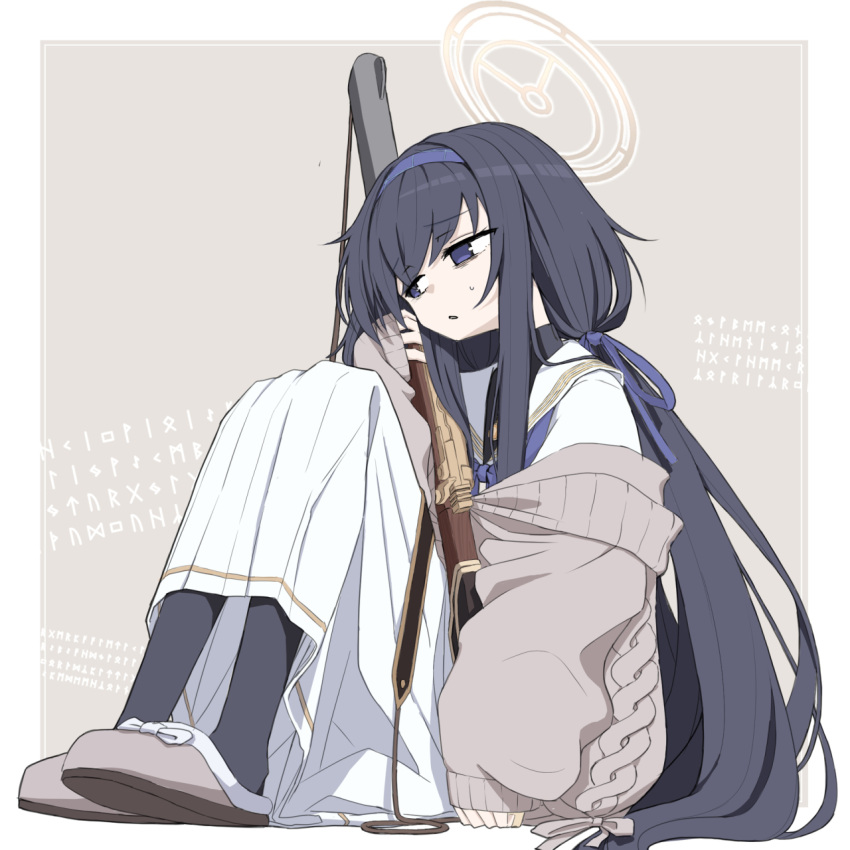 1girl, bags_under_eyes, black_hair, black_pantyhose, blue_archive, blue_eyes, blue_hairband, blue_neckerchief, blue_ribbon, brown_footwear, brown_jacket, commentary_request, de_lisle_carbine, full_body, grey_background, gun, hair_ribbon, hairband, halo, highres, holding, holding_gun, holding_weapon, jacket, knees_up, long_hair, long_skirt, long_sleeves, looking_to_the_side, neckerchief, pantyhose, pleated_skirt, puffy_long_sleeves, puffy_sleeves, ribbon, runes, sailor_collar, shirt, sitting, skirt, sleeves_past_wrists, slippers, solo, translation_request, two-tone_background, ui_(blue_archive), usui_harusame, very_long_hair, weapon, white_background, white_sailor_collar, white_shirt, white_skirt