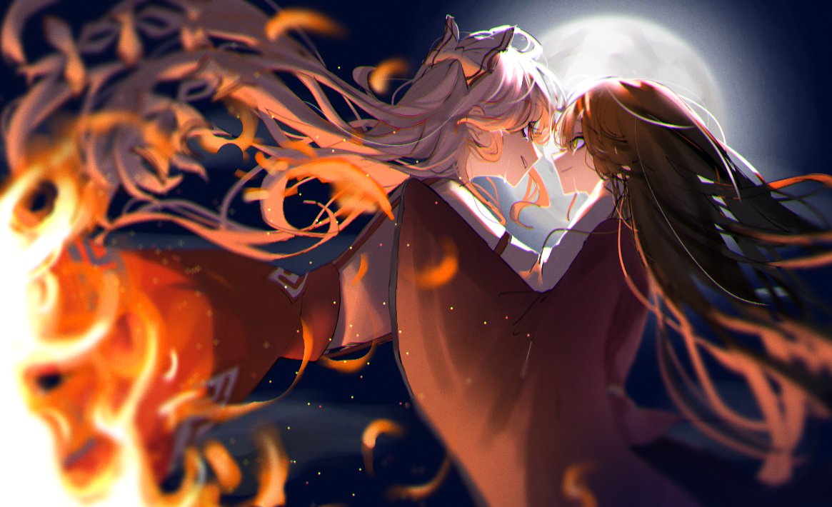 2girls, black_hair, bow, closed_mouth, fire, fujiwara_no_mokou, full_moon, hair_bow