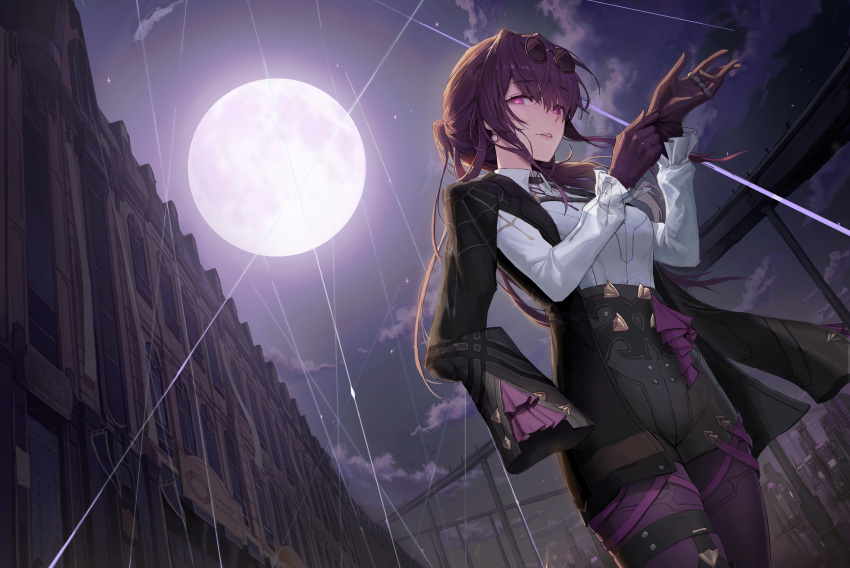 1girl, absurdres, black_choker, black_jacket, black_shorts, black_sky, breasts, building, choker, city, clouds, cloudy_sky, collared_jacket, collared_shirt, earrings, eyewear_on_head, full_moon, gloves, haejooncho, hair_between_eyes, hands_up, high-waist_shorts, highres, honkai:_star_rail, honkai_(series), jacket, jewelry, kafka_(honkai:_star_rail), lips, lipstick, long_hair, long_sleeves, looking_at_viewer, makeup, medium_breasts, moon, moonlight, night, night_sky, open_clothes, open_jacket, outdoors, pantyhose, pearl_earrings, pink_eyes, ponytail, puffy_long_sleeves, puffy_sleeves, purple_gloves, purple_hair, purple_pantyhose, round_eyewear, shirt, shorts, sidelocks, sky, skyscraper, smile, solo, spider_web_print, standing, star_(sky), sunglasses, teeth, thread, white_shirt, window