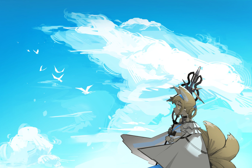1girl, absurdres, animal_ears, arknights, black_gloves, blonde_hair, blue_hairband, blue_sky