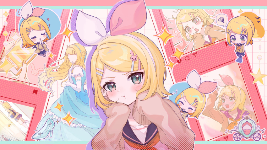 1girl, @_@, angry, blonde_hair, blue_eyes, blush, border, cardigan