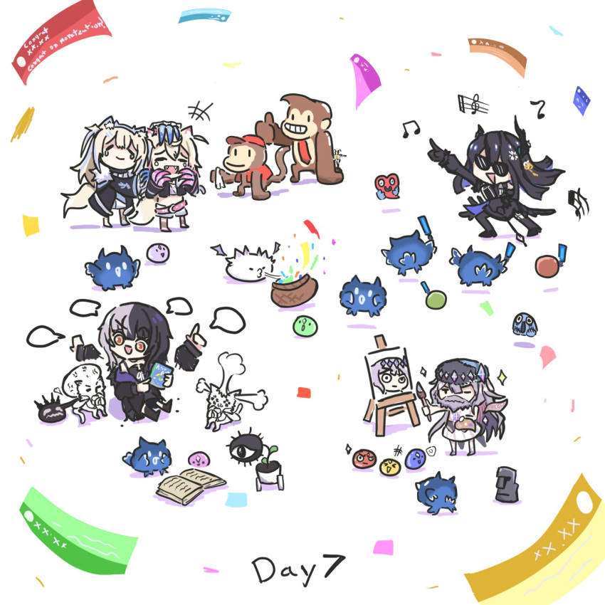 5girls, :d, =_=, basket, book, chibi, clenched_teeth, crying