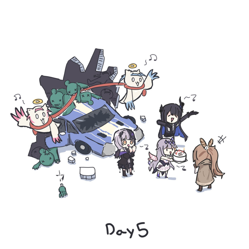 5girls, beamed_eighth_notes, birthday_cake, cake, car, car_crash, chibi, crushed