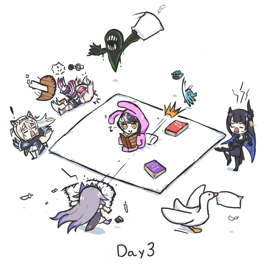 5girls, animal_costume, black_hair, book, c:, chibi, disembodied_limb, flat_color