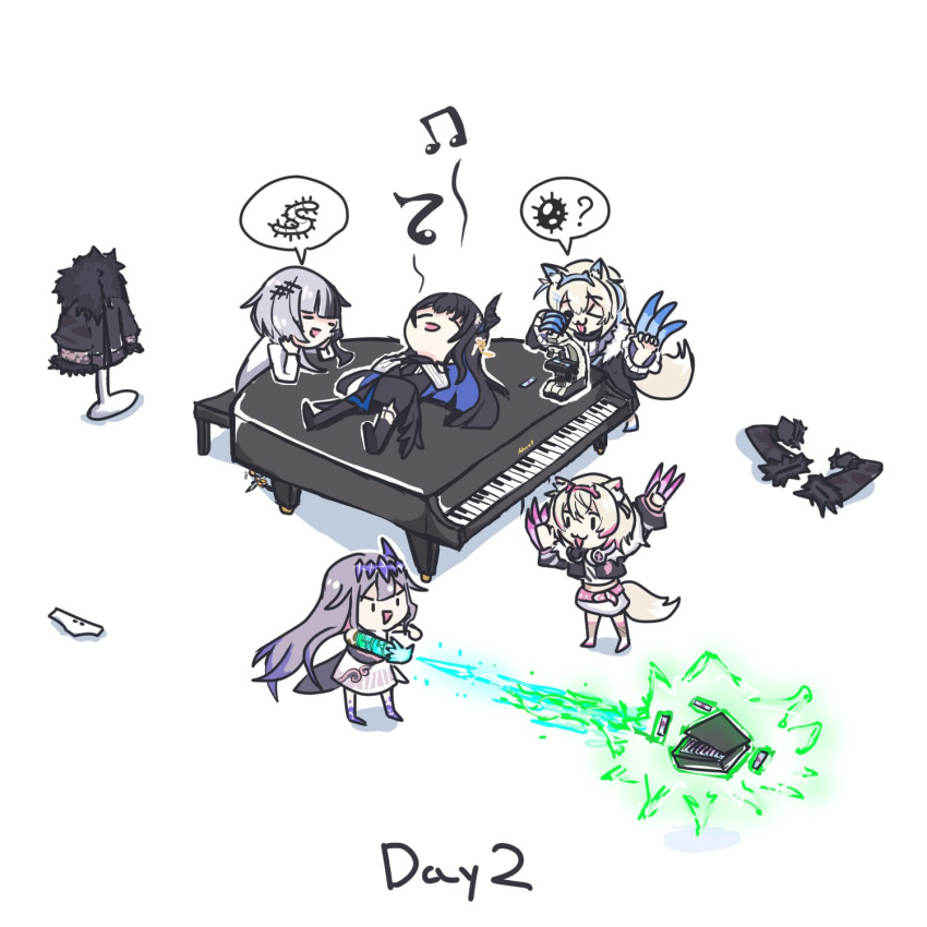 5girls, :3, :d, =_=, beamed_eighth_notes, black_coat, black_hair, blonde_hair
