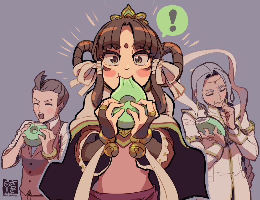 !, 1girl, 2boys, :t, ace_attorney, antenna_hair, apollo_justice, bead_necklace