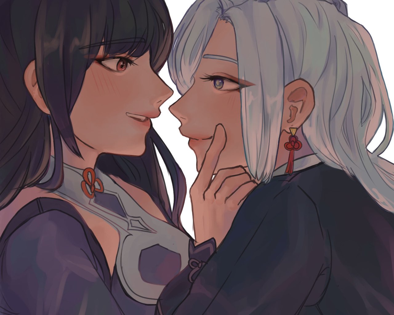 2girls, black_hair, black_jacket, blue_eyes, blue_hair, dress, english_commentary, euyaei, eyeshadow, finger_to_another's_cheek, from_side, genshin_impact, hair_behind_ear, jacket, makeup, multiple_girls, open_mouth, pink_lips, purple_dress, red_eyeshadow, shenhe_(genshin_impact), smile, white_background, yun_jin_(genshin_impact), yuri