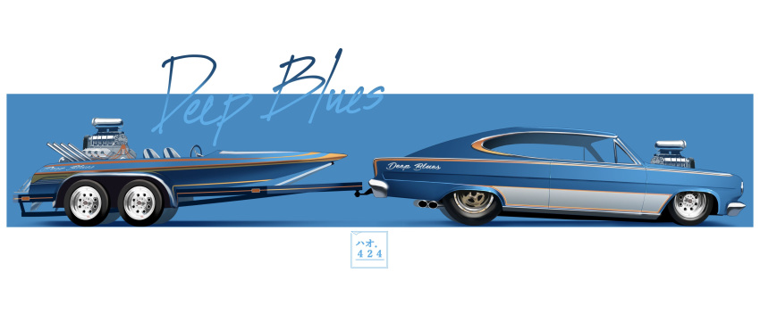absurdres, amc, amc_marlin, artist_name, blue_background, boat, car, cole_tr2, engine, english_commentary, from_side, haow, highres, motor_vehicle, muscle_car, no_humans, original, shadow, vehicle_focus, watercraft, wheel