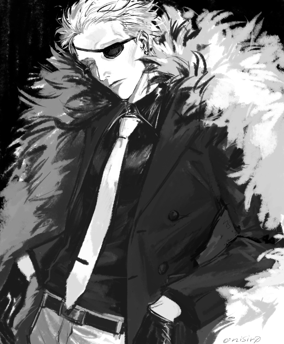 1boy, black_gloves, black_shirt, black_suit, blonde_hair, closed_mouth, cowboy_shot, donquixote_doflamingo
