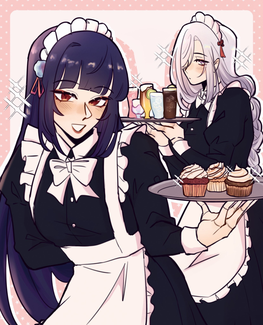2girls, alfaidopasta, alternate_costume, apron, black_dress, blue_hair, blush, bow, breasts, brown_eyes, cup, cupcake, dress, drinking_glass, enmaided, expressionless, food, genshin_impact, grey_eyes, grey_hair, hair_behind_ear, hair_ornament, highres, holding, holding_tray, long_hair, looking_at_viewer, maid, maid_apron, maid_headdress, medium_breasts, multiple_girls, parted_lips, shenhe_(genshin_impact), smile, sparkle, tassel, tassel_hair_ornament, tray, very_long_hair, white_apron, white_bow, yun_jin_(genshin_impact)