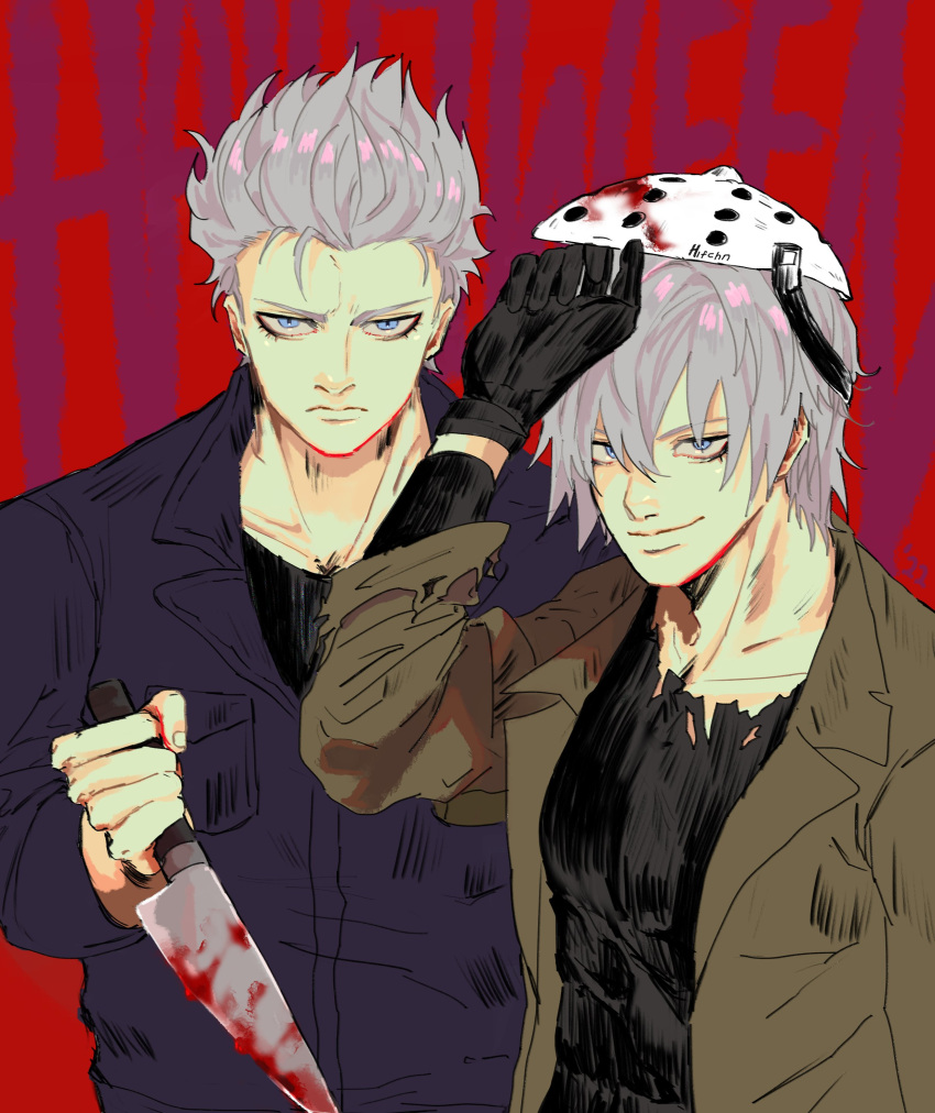 2boys, absurdres, black_gloves, blood, blood_on_knife, blood_on_weapon, blue_eyes, brown_coat, coat, commentary, cosplay, dante_(devil_may_cry), devil_may_cry_(series), english_commentary, friday_the_13th, gloves, halloween_(movie), highres, hockey_mask, holding, holding_knife, ifa_(hifchn), jason_voorhees, jason_voorhees_(cosplay), knife, looking_at_viewer, male_focus, mask, michael_myers, michael_myers_(cosplay), multiple_boys, short_hair, torn_clothes, vergil_(devil_may_cry), weapon, white_hair